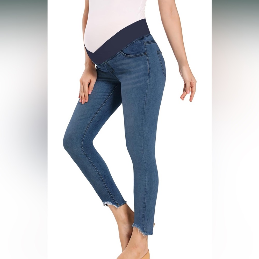 Foucome Women's Maternity l Under The Belly Skinny Cute Distressed Jeans New